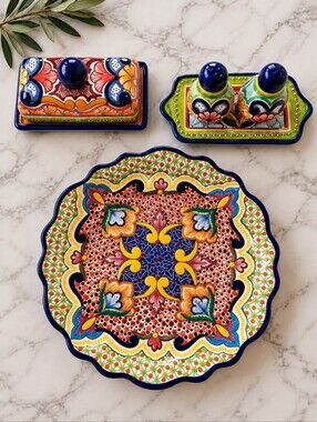 Mexican Talavera Pottery Set Butter Dish Salt Pepper Shakers Wall Plate Colorful